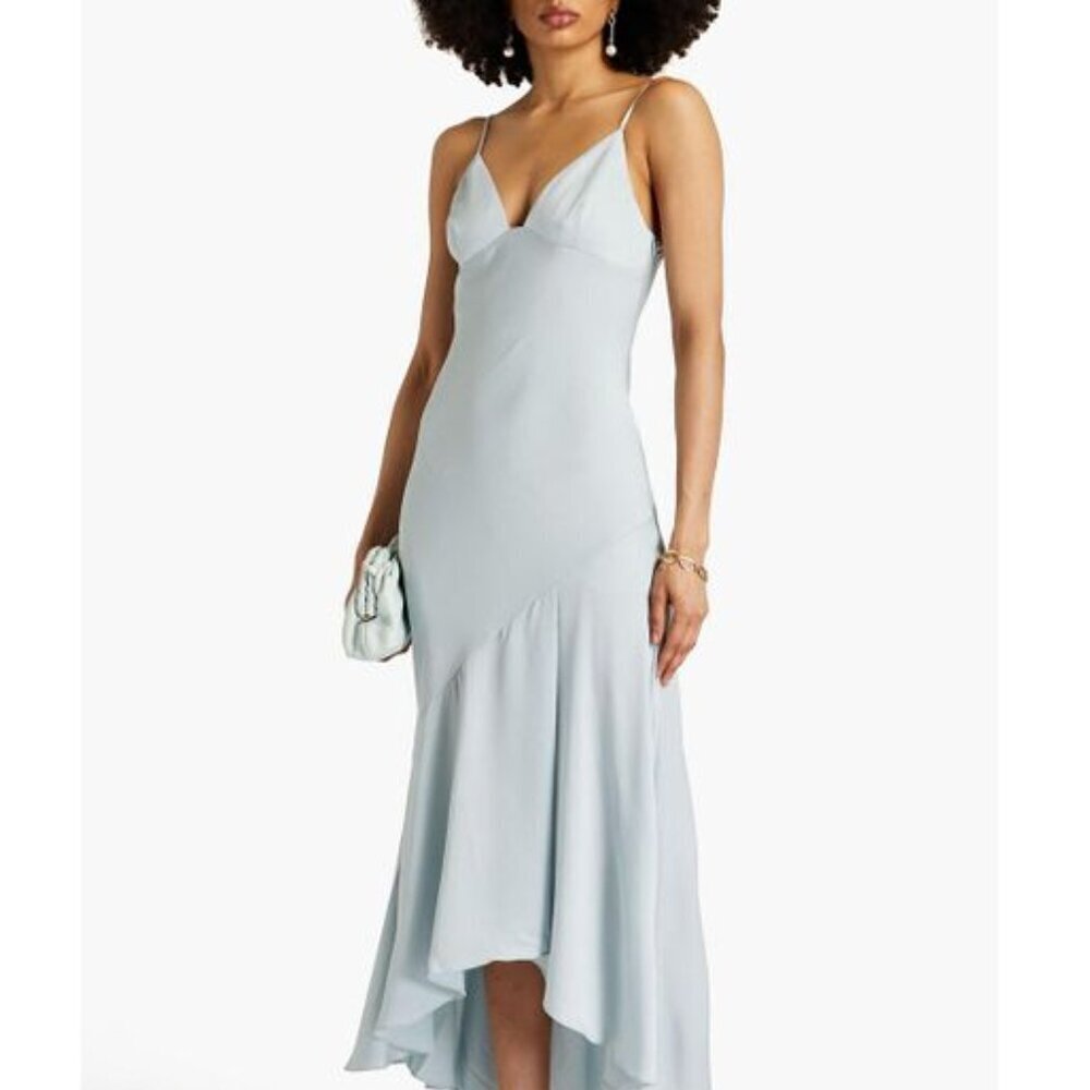 SHONA JOY Wedding Guest Asymmetric Satin Maxi Dress Pale Blue Size 10 NWT!